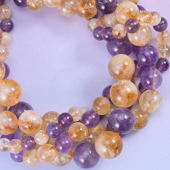 Amethyst Citrine Mixed Smooth Round Beads: Jewelry Making, 15 Inch Strand