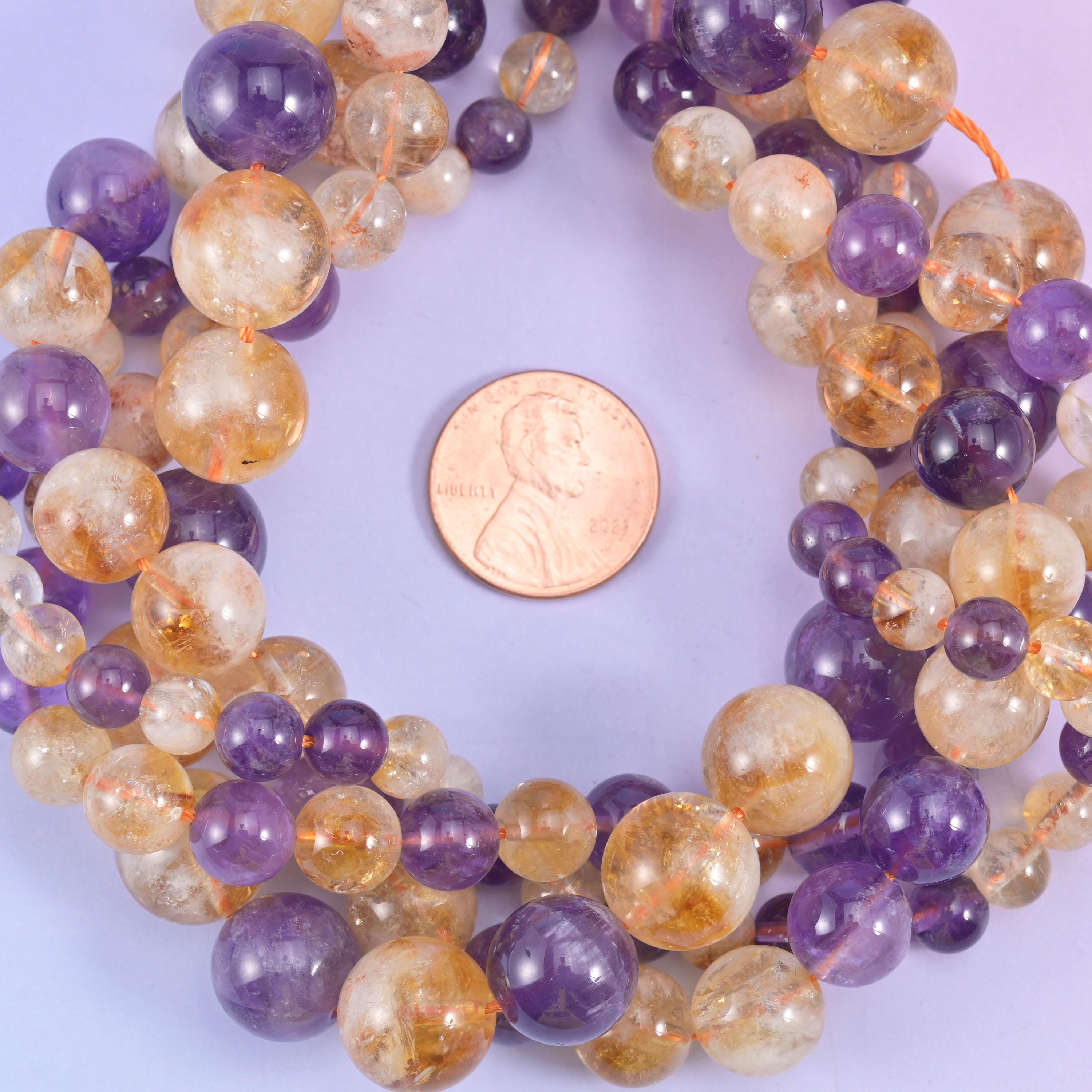 Amethyst Citrine Mixed Smooth Round Beads: Jewelry Making, 15 Inch Strand