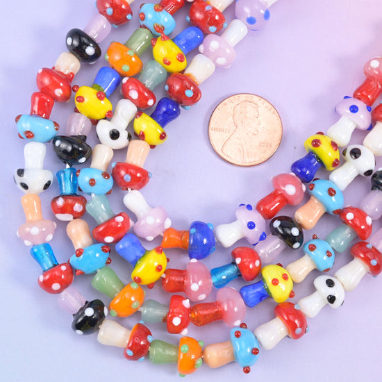 Multi-Color Dotted Mushroom Glass Beads: Sizes Vary, Jewelry Making, 12 Inch Strand