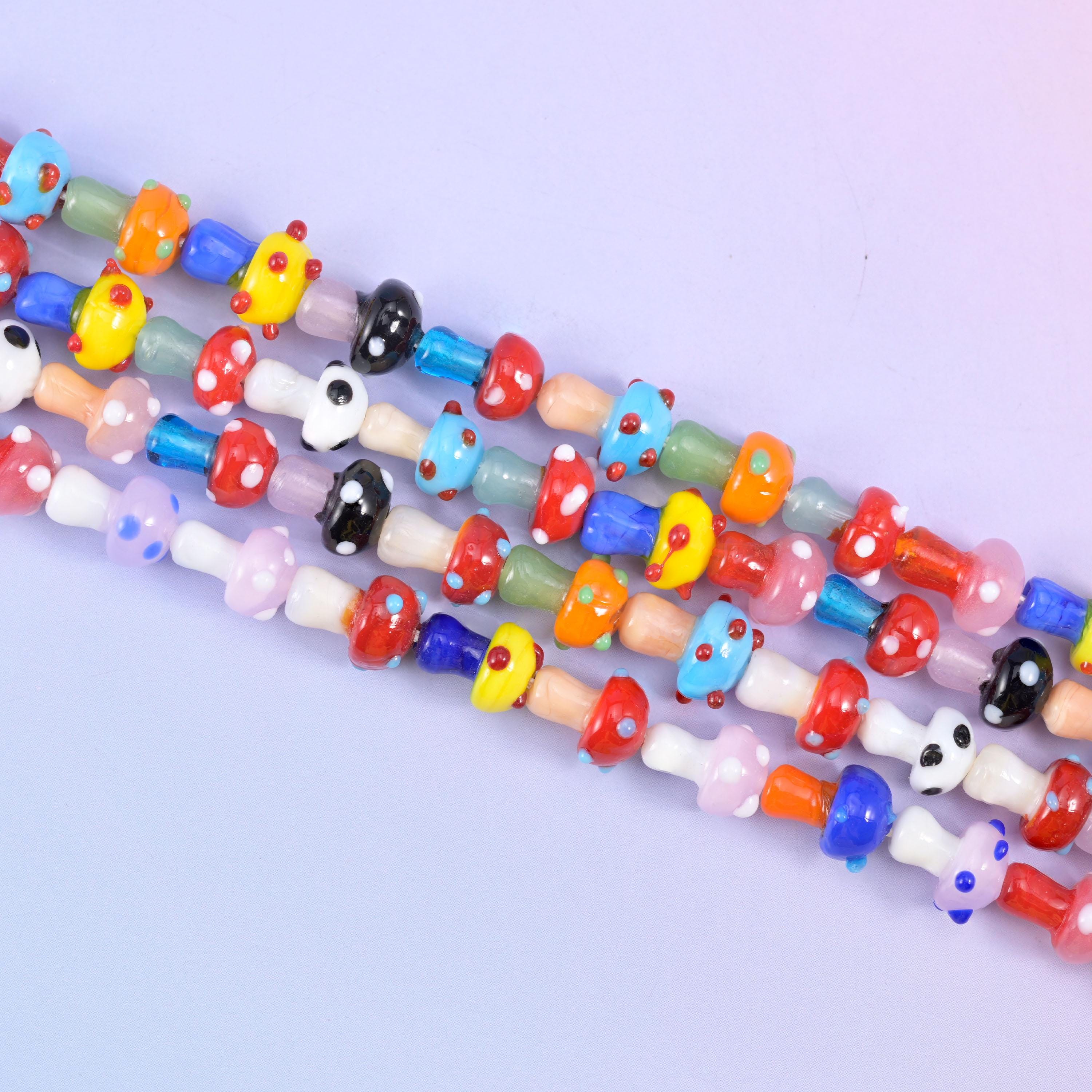 Multi-Color Dotted Mushroom Glass Beads: Sizes Vary, Jewelry Making, 12 Inch Strand