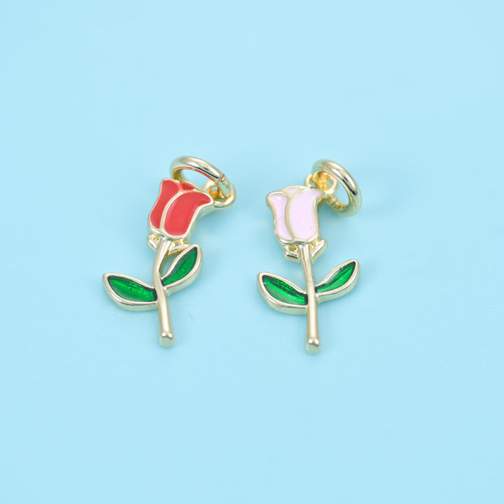 18K Gold Filled Enamel Rose Charms for DIY Jewelry Making Supply