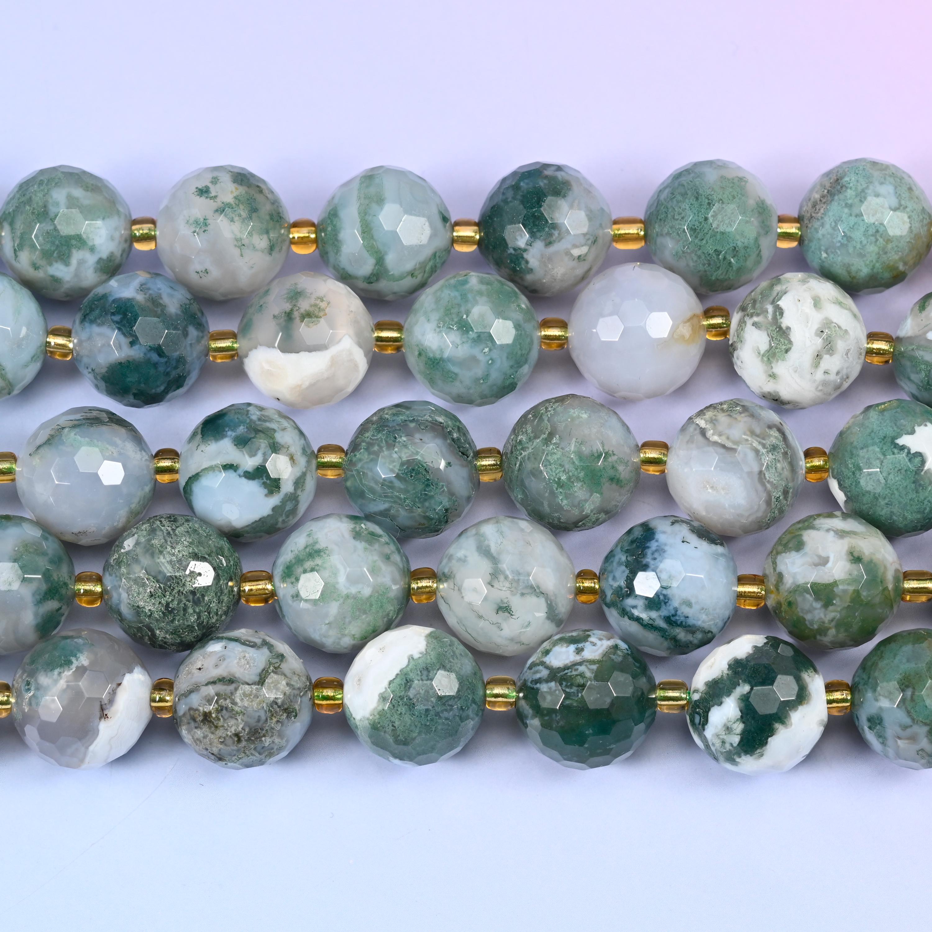 Moss Agate Faceted Round Beads Size 16mm Jewelry Making 15 Inch Strand