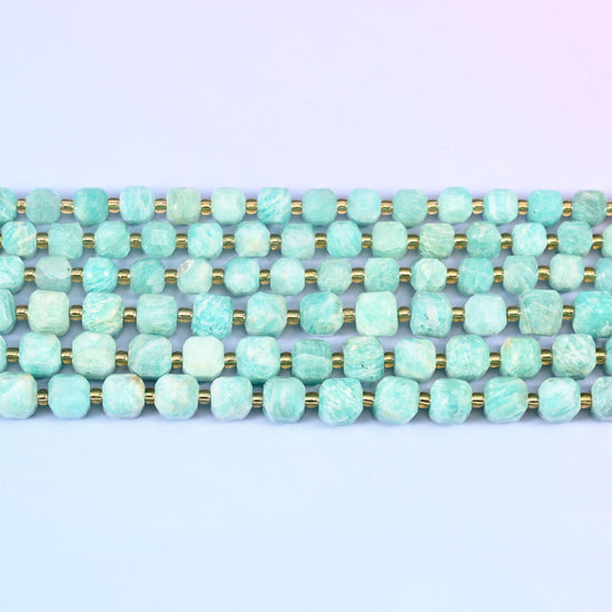 Green Amazonite Faceted Cube Beads: Size 6mm 8mm, Jewelry Making, 15 inch Strand