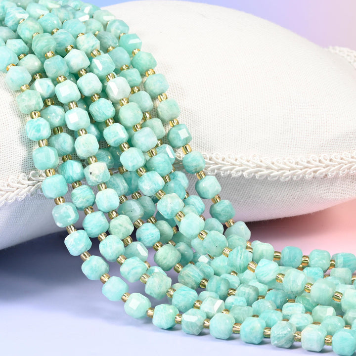 Green Amazonite Faceted Cube Beads: Size 6mm 8mm, Jewelry Making, 15 inch Strand