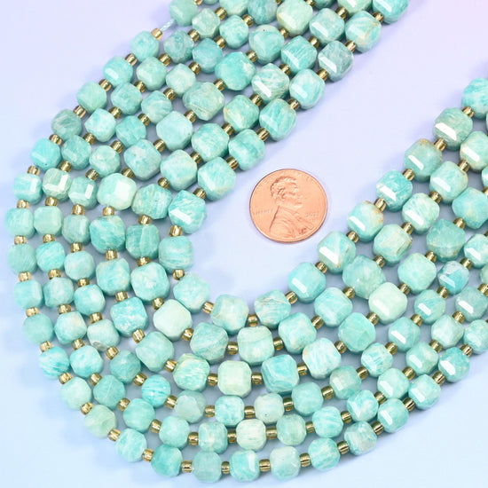 Green Amazonite Faceted Cube Beads: Size 6mm 8mm, Jewelry Making, 15 inch Strand
