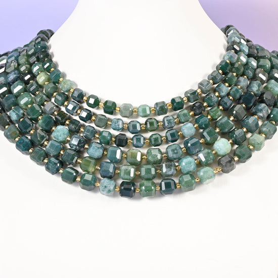 Moss Agate Faceted Cube Beads: Size 6mm 8mm, Jewelry Making, 15 inch Strand