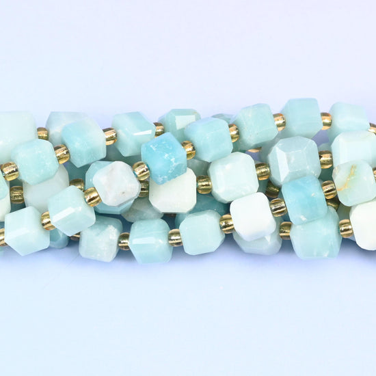 Blue Amazonite Faceted Cube Beads: Size 6mm 8mm, Jewelry Making, 15 inch Strand