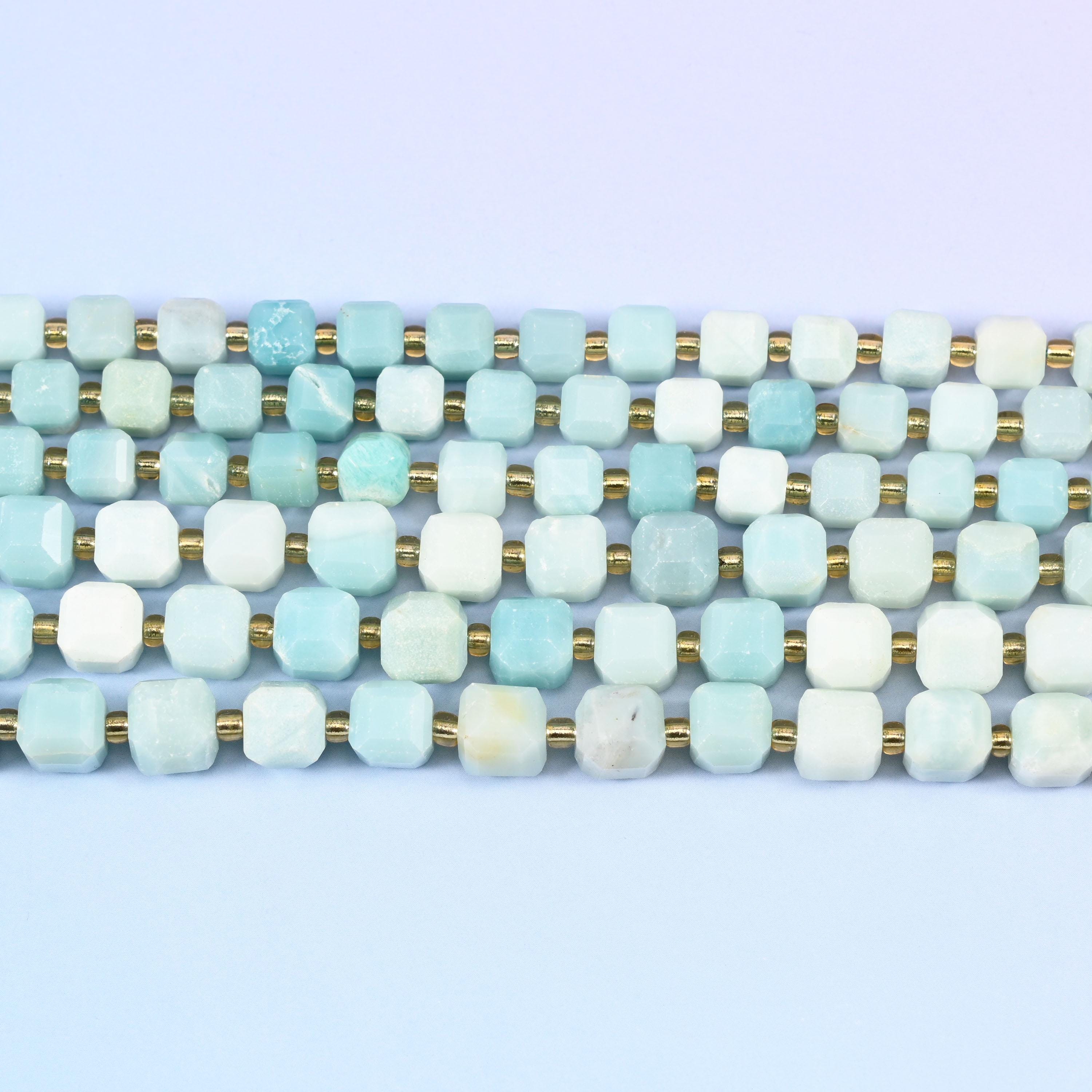 Blue Amazonite Faceted Cube Beads: Size 6mm 8mm, Jewelry Making, 15 inch Strand