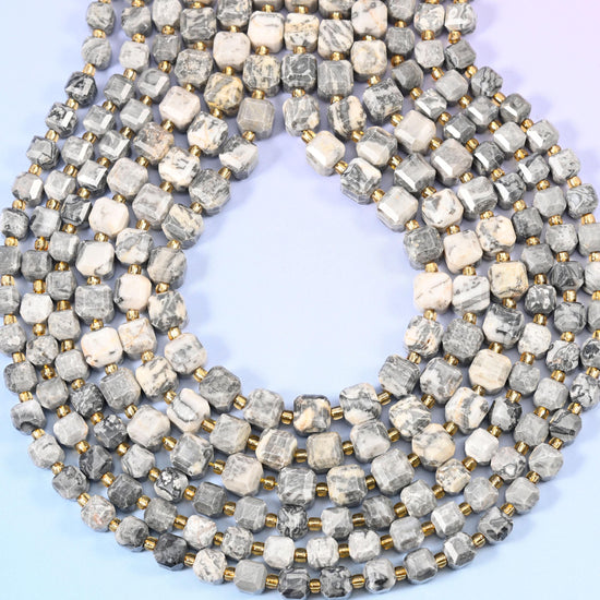 Map Jasper Faceted Cube Beads: Size 6mm 8mm, Jewelry Making, 15 inch Strand