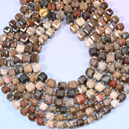 Petrified Wood Faceted Cube Beads: Size 6mm 8mm, Jewelry Making, 15 inch Strand