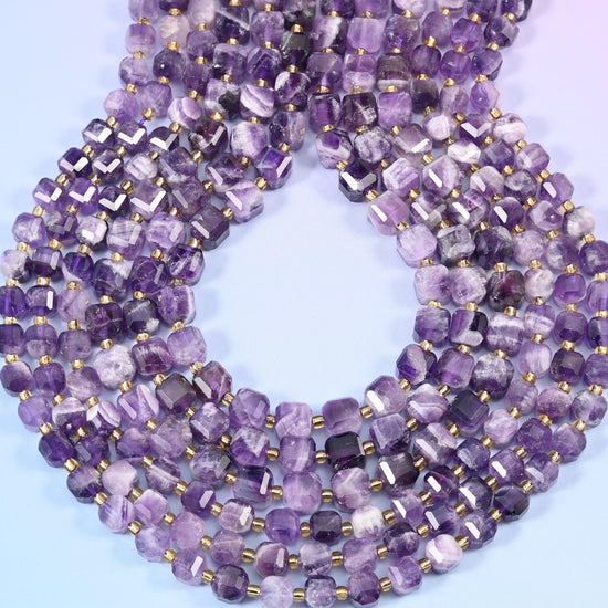 Chevron Amethyst Faceted Cube Beads: Size 6mm 8mm, Jewelry Making, 15 inch Strand