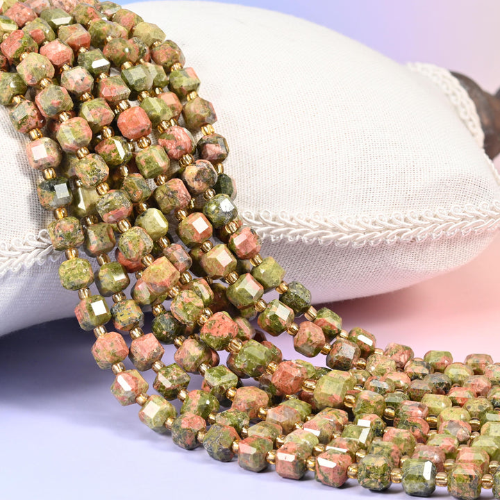 Unakite Faceted Cube Beads: Size 6mm 8mm, Jewelry Making, 15 inch Strand