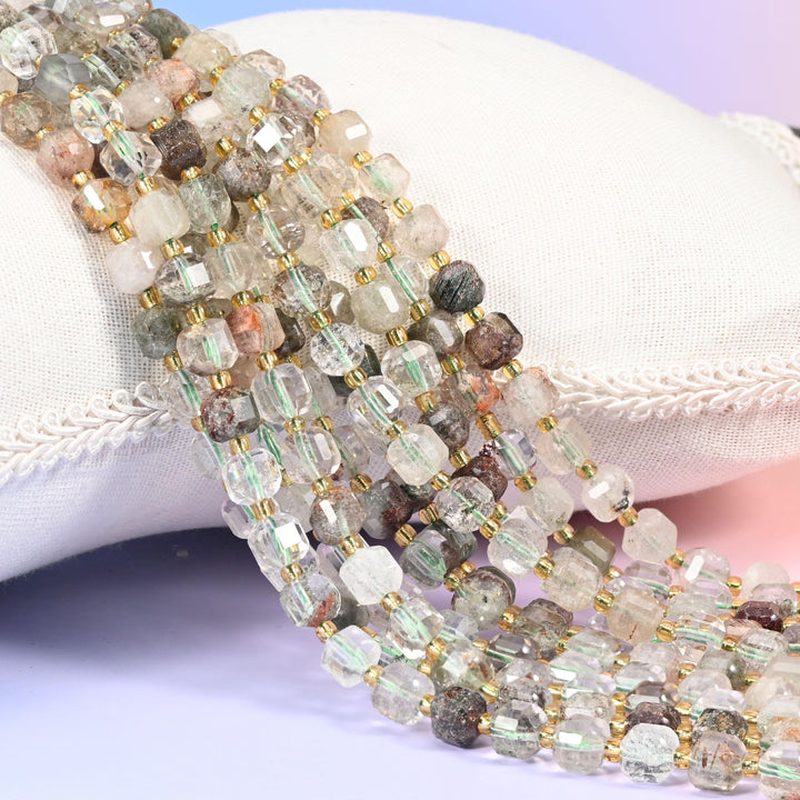 Green Phantom Quartz Faceted Cube Beads: Size 6mm 8mm, Jewelry Making, 15 inch Strand