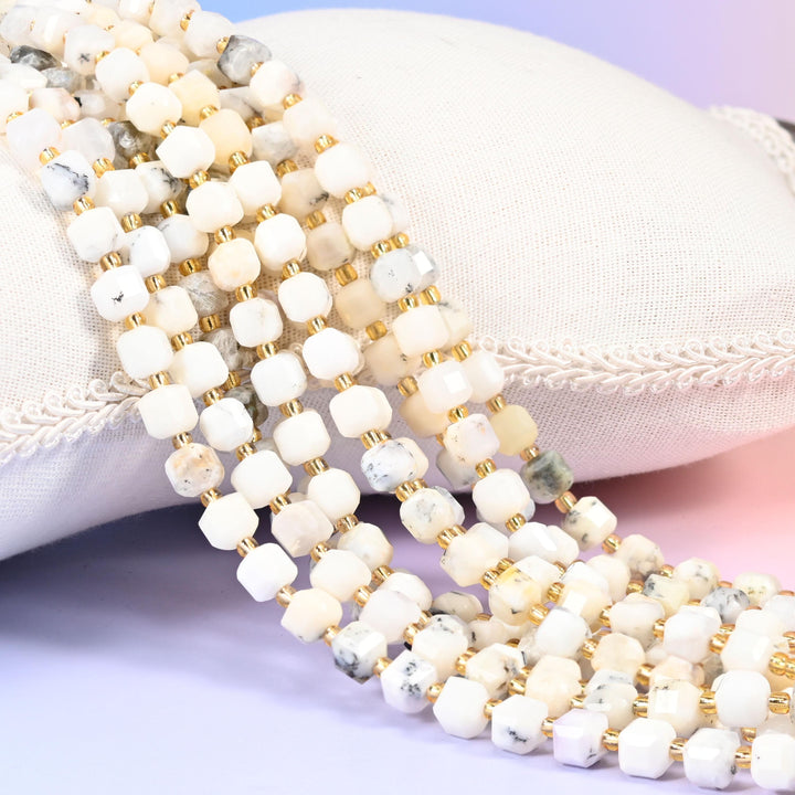 White Opal Faceted Cube Beads: Size 6mm 8mm, Jewelry Making, 15 inch Strand