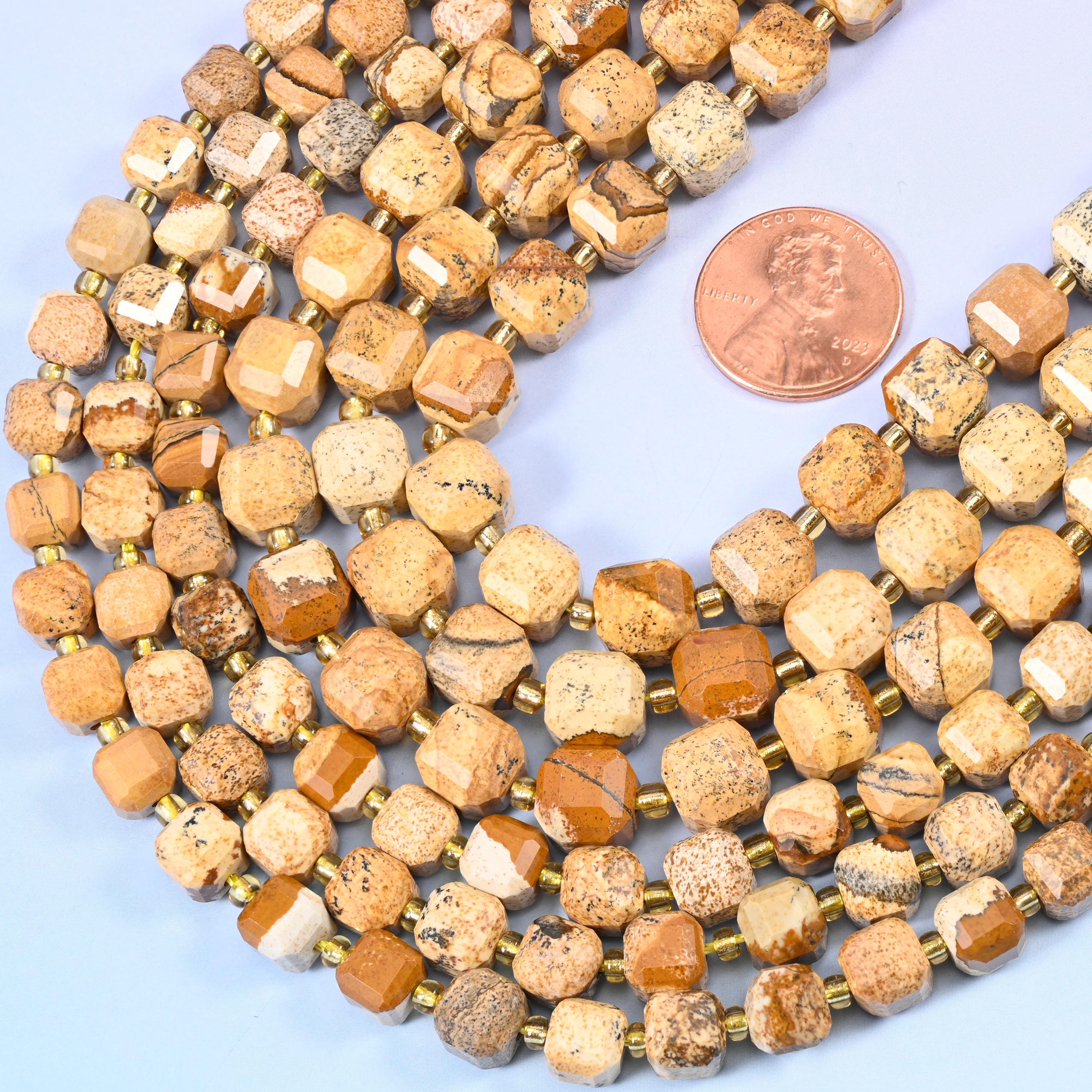 Picture Jasper Faceted Cube Beads: Size 6mm 8mm, Jewelry Making, 15 inch Strand