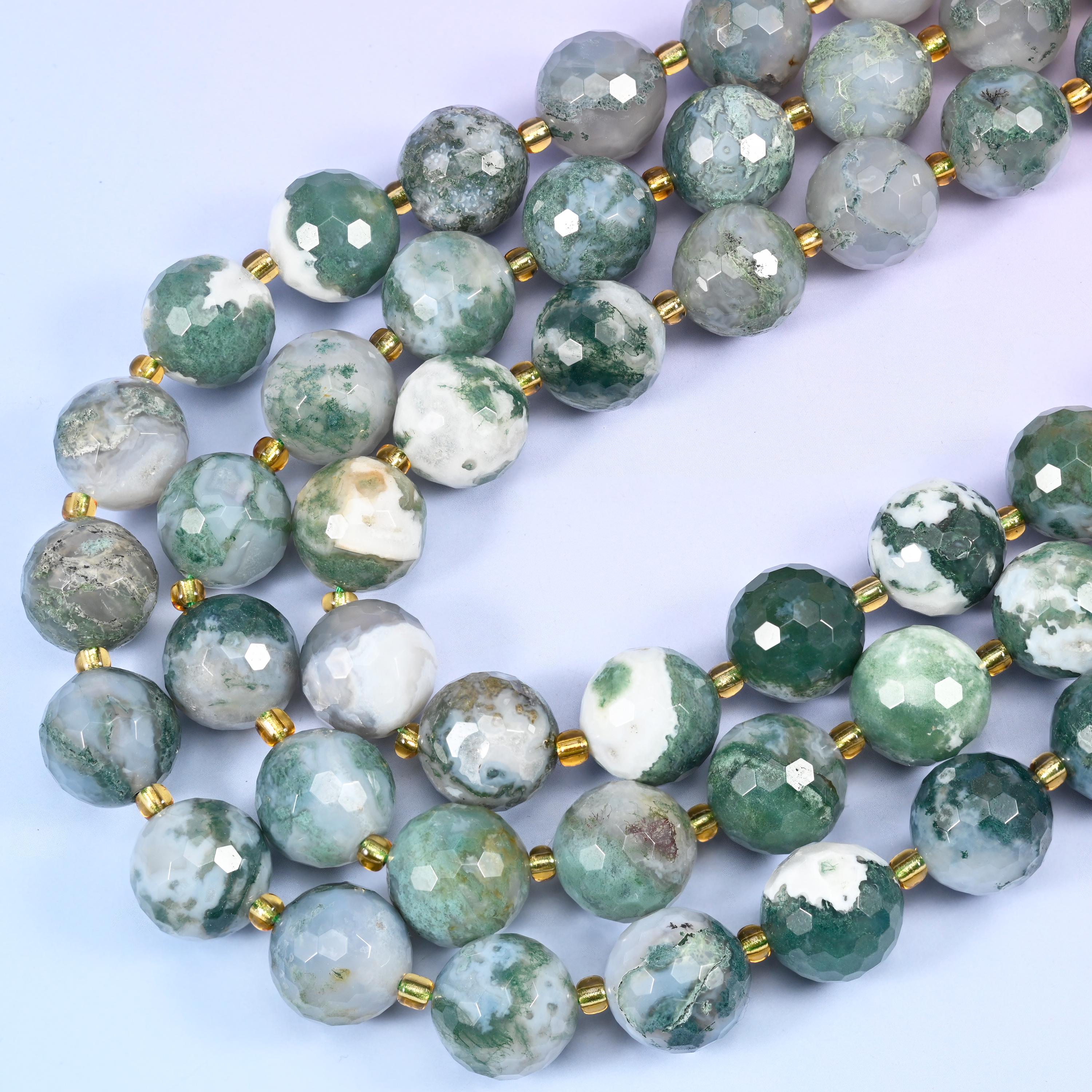 Moss Agate Faceted Round Beads Size 16mm Jewelry Making 15 Inch Strand