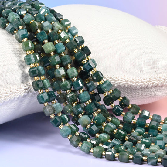 Moss Agate Faceted Cube Beads: Size 6mm 8mm, Jewelry Making, 15 inch Strand