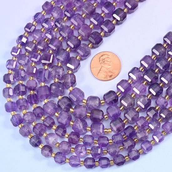 Amethyst Faceted Cube Beads: Size 6mm 8mm, Jewelry Making, 15 inch Strand
