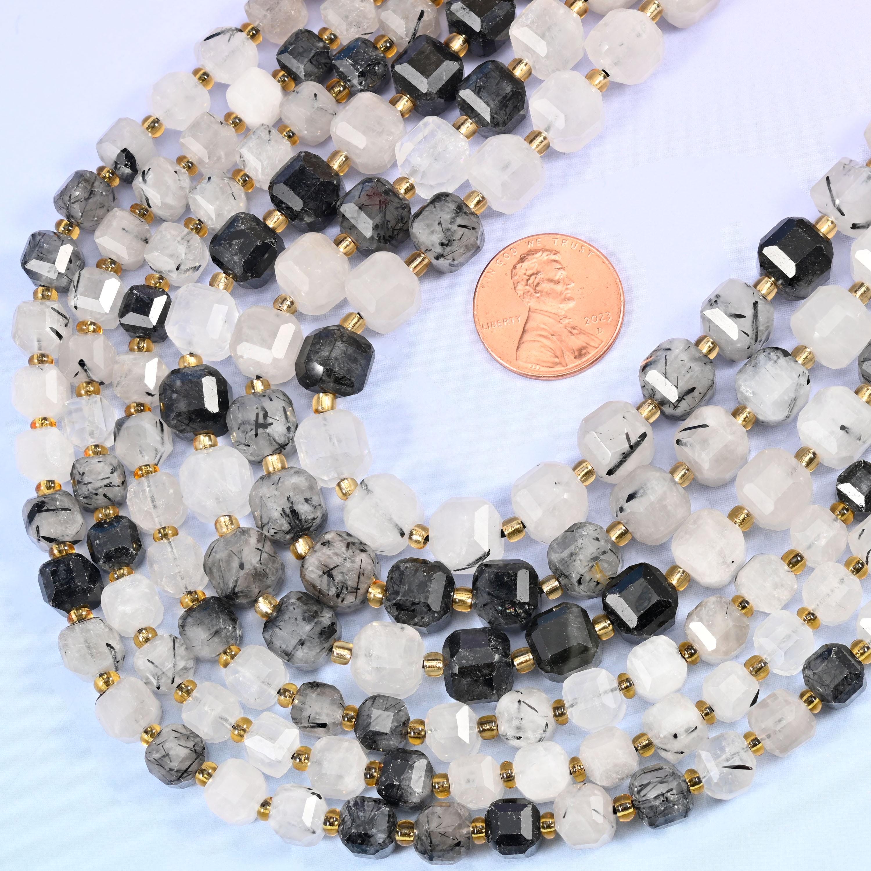 Black Rutilated Quartz Faceted Cube Beads: Size 6mm 8mm, Jewelry Making, 15 inch Strand