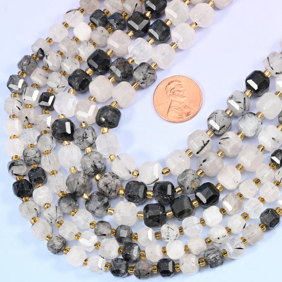 Black Rutilated Quartz Faceted Cube Beads: Size 6mm 8mm, Jewelry Making, 15 inch Strand