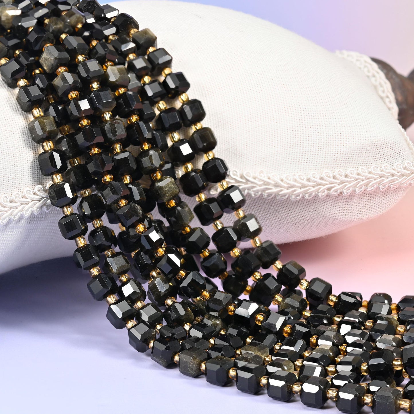Gold Obsidian Faceted Cube Beads: Size 6mm 8mm, Jewelry Making, 15 inch Strand