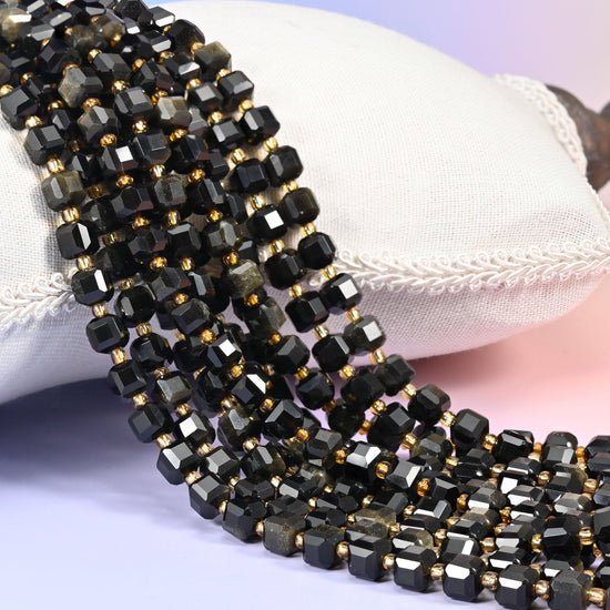 Gold Obsidian Faceted Cube Beads: Size 6mm 8mm, Jewelry Making, 15 inch Strand