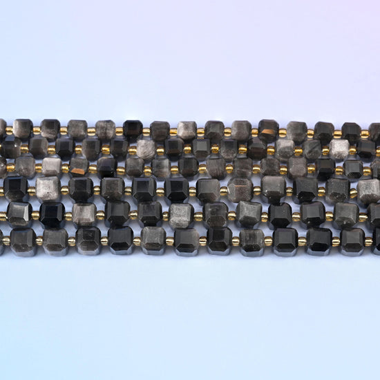 Silver Obsidian Faceted Cube Beads: Size 6mm 8mm, Jewelry Making, 15 inch Strand