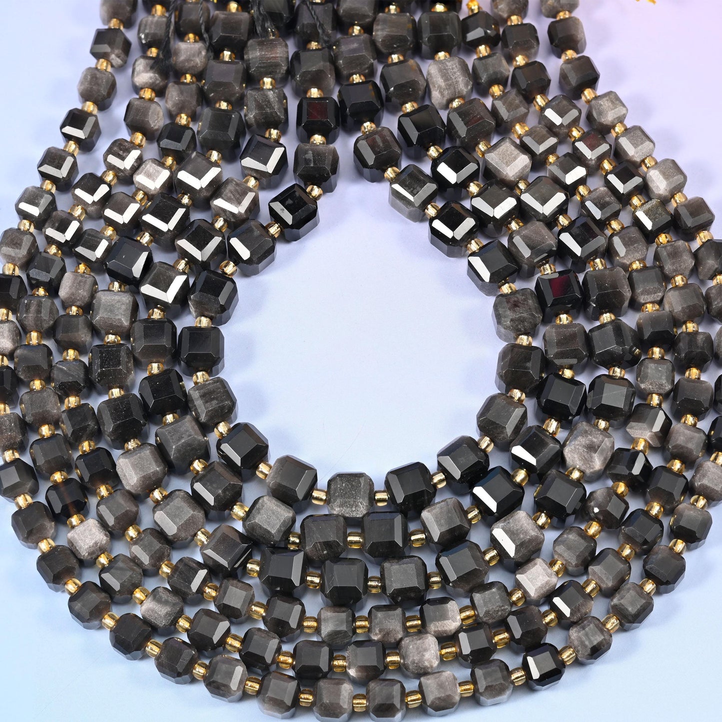 Silver Obsidian Faceted Cube Beads: Size 6mm 8mm, Jewelry Making, 15 inch Strand