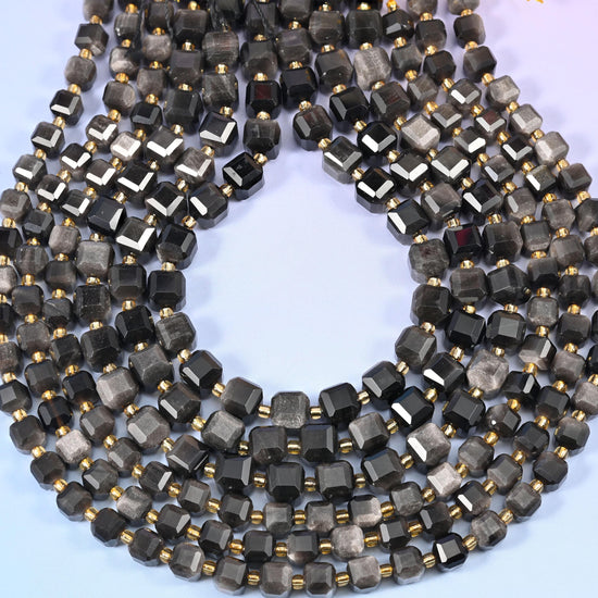 Silver Obsidian Faceted Cube Beads: Size 6mm 8mm, Jewelry Making, 15 inch Strand