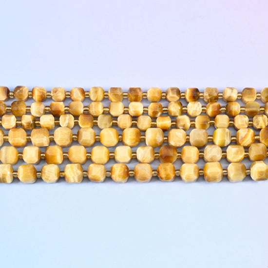 Gold Tiger Eye Faceted Cube Beads: Size 6mm 8mm, Jewelry Making, 15 inch Strand