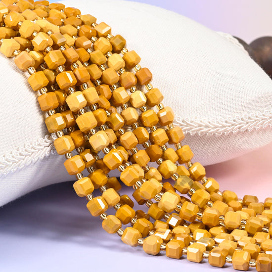 Yellow Mookaite Jasper Faceted Cube Beads: Size 6mm 8mm, Jewelry Making, 15 inch Strand