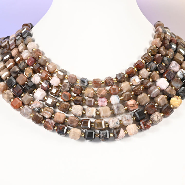 Petrified Wood Faceted Cube Beads: Size 6mm 8mm, Jewelry Making, 15 inch Strand