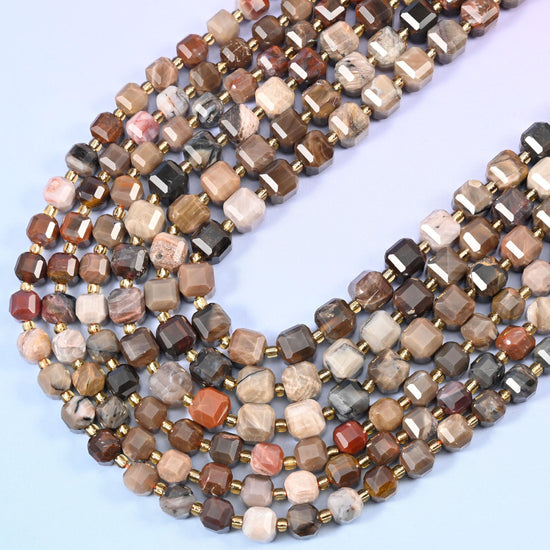 Petrified Wood Faceted Cube Beads: Size 6mm 8mm, Jewelry Making, 15 inch Strand
