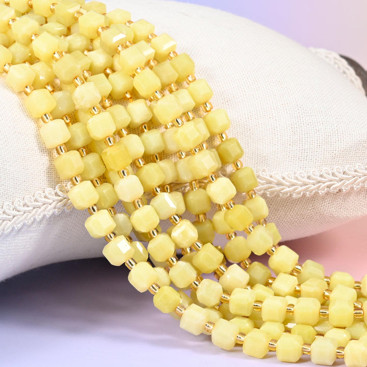 Lemon Jade Faceted Cube Beads: Size 6mm 8mm, Jewelry Making, 15 inch Strand