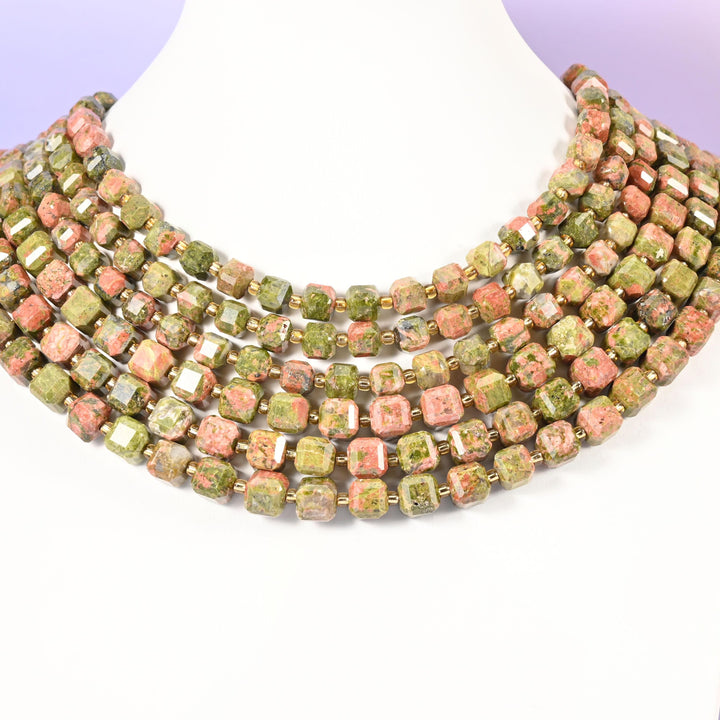 Unakite Faceted Cube Beads: Size 6mm 8mm, Jewelry Making, 15 inch Strand