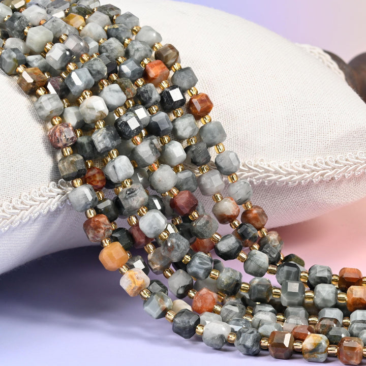 Eagle Eye Jasper Faceted Cube Beads: Size 6mm 8mm, Jewelry Making, 15 inch Strand