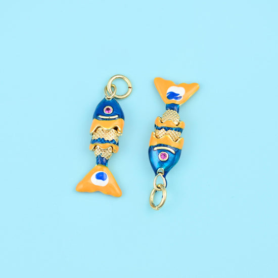 18K Gold Filled Tiny Blue Enamel Fish Charms for DIY Jewelry Making Supply