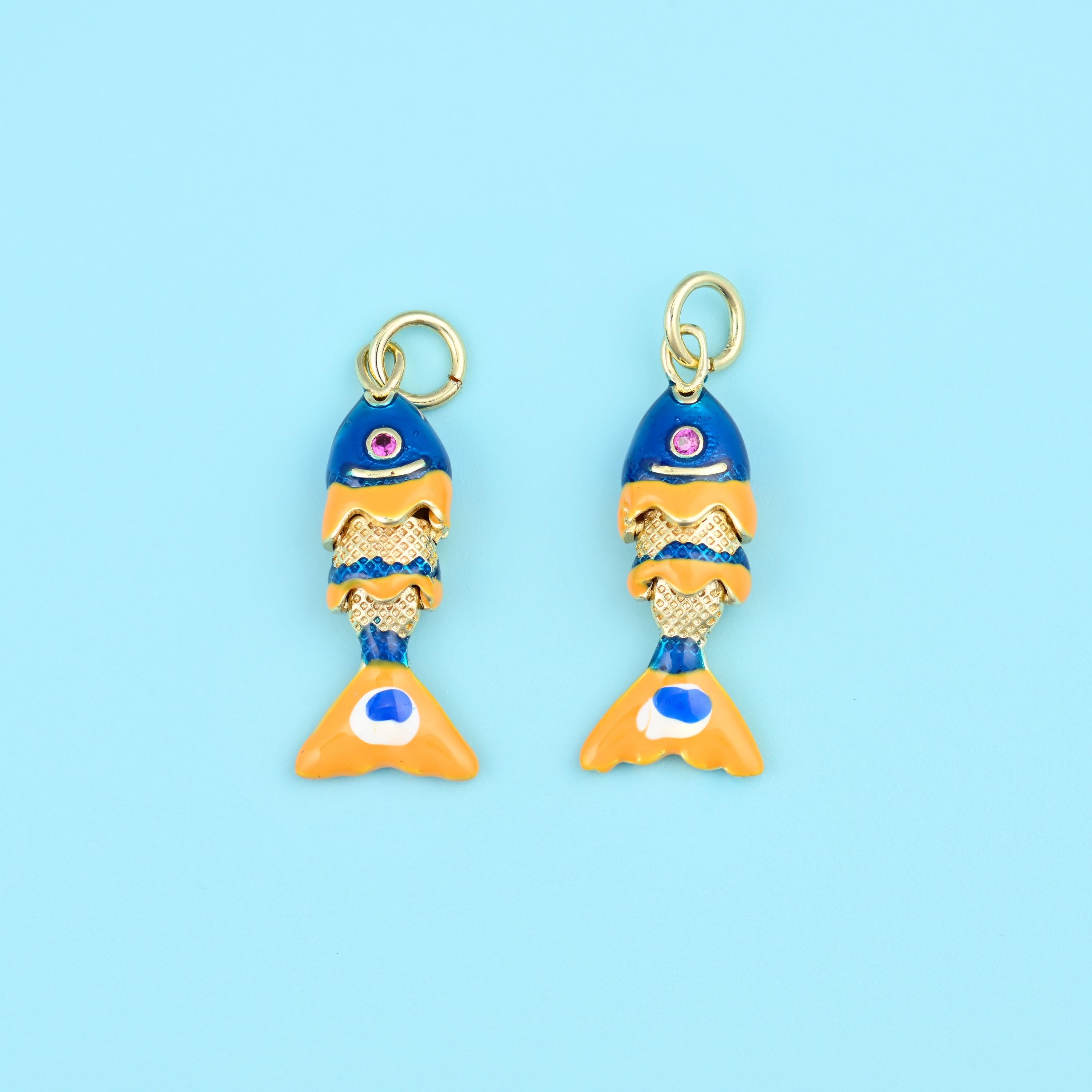 18K Gold Filled Tiny Blue Enamel Fish Charms for DIY Jewelry Making Supply