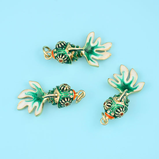 18K Gold Filled Enamel Green Goldfish Charms for DIY Jewelry Making Supply