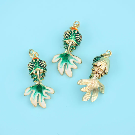 18K Gold Filled Enamel Green Goldfish Charms for DIY Jewelry Making Supply