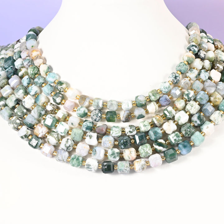 Tree Agate Faceted Cube Beads: Size 6mm 8mm, Jewelry Making, 15 inch Strand