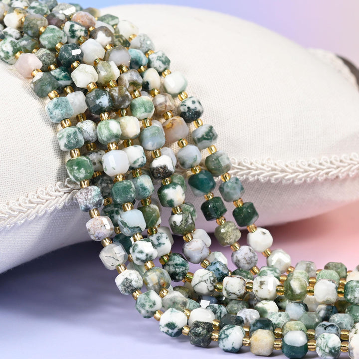 Tree Agate Faceted Cube Beads: Size 6mm 8mm, Jewelry Making, 15 inch Strand