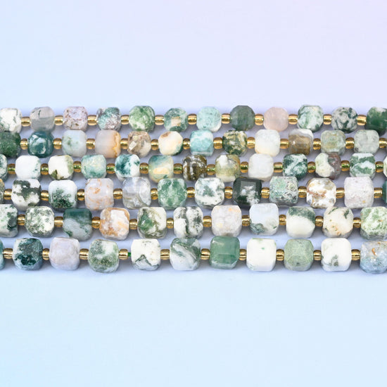 Tree Agate Faceted Cube Beads: Size 6mm 8mm, Jewelry Making, 15 inch Strand
