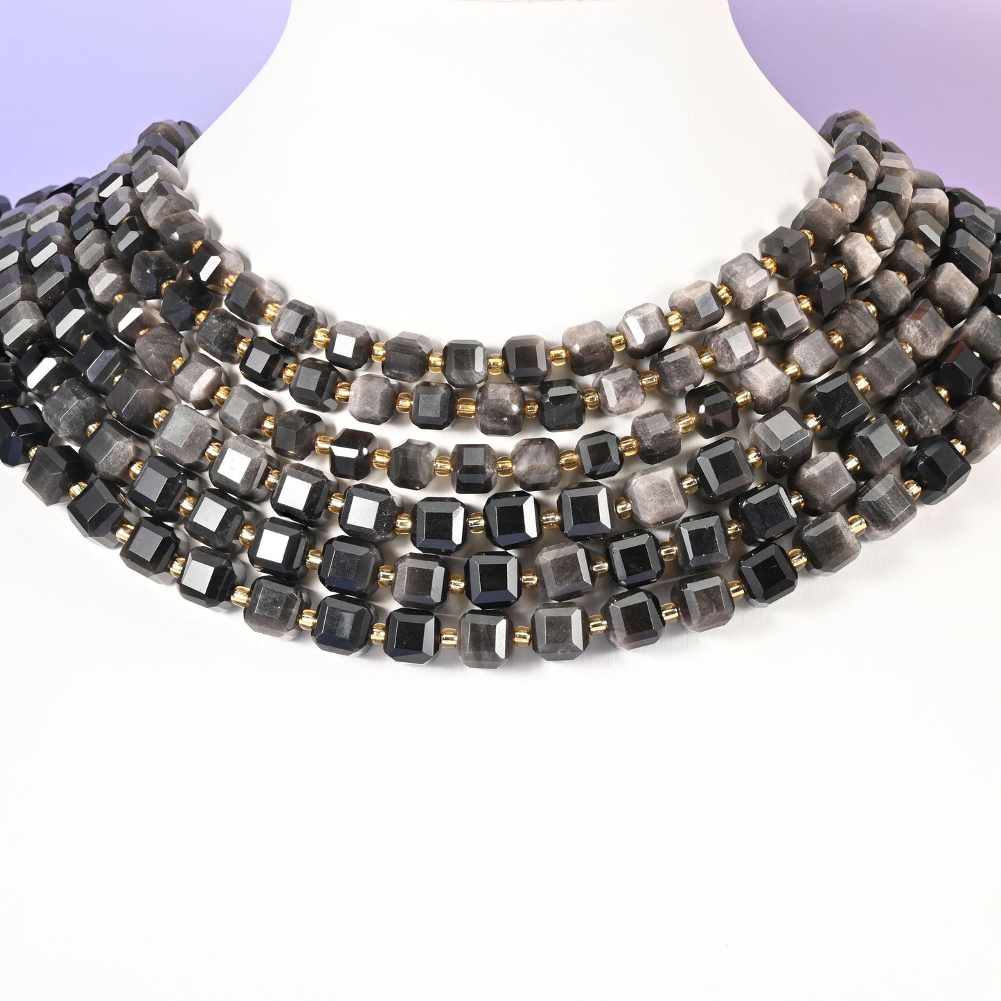 Silver Obsidian Faceted Cube Beads: Size 6mm 8mm, Jewelry Making, 15 inch Strand