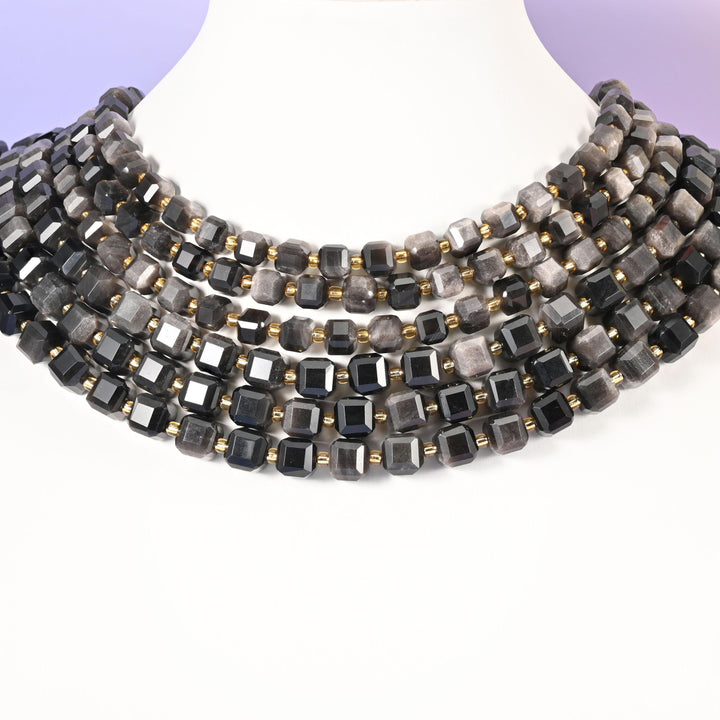 Silver Obsidian Faceted Cube Beads: Size 6mm 8mm, Jewelry Making, 15 inch Strand