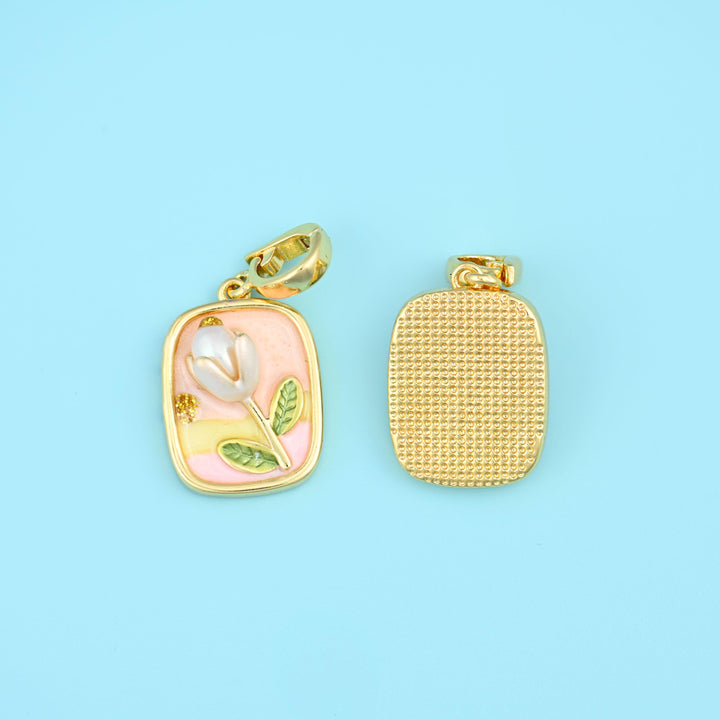 Rectangle Tulip Flower Pendants, 18K Gold Filled Charms for DIY Jewelry Making Supply