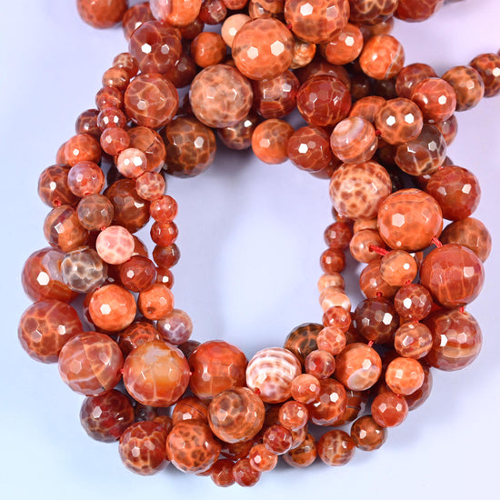 Fire Agate Faceted Round Beads, Available in multiple sizes, Jewelry Making, 15 Inch Strand