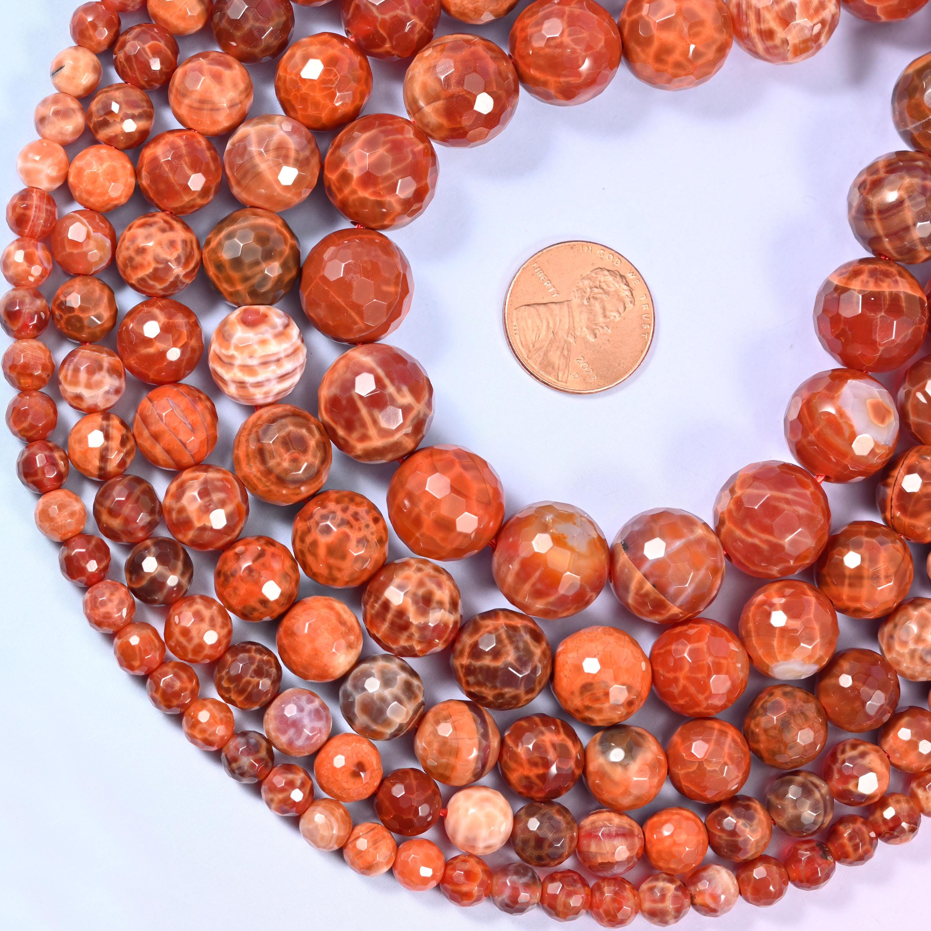 Fire Agate Faceted Round Beads, Available in multiple sizes, Jewelry Making, 15 Inch Strand