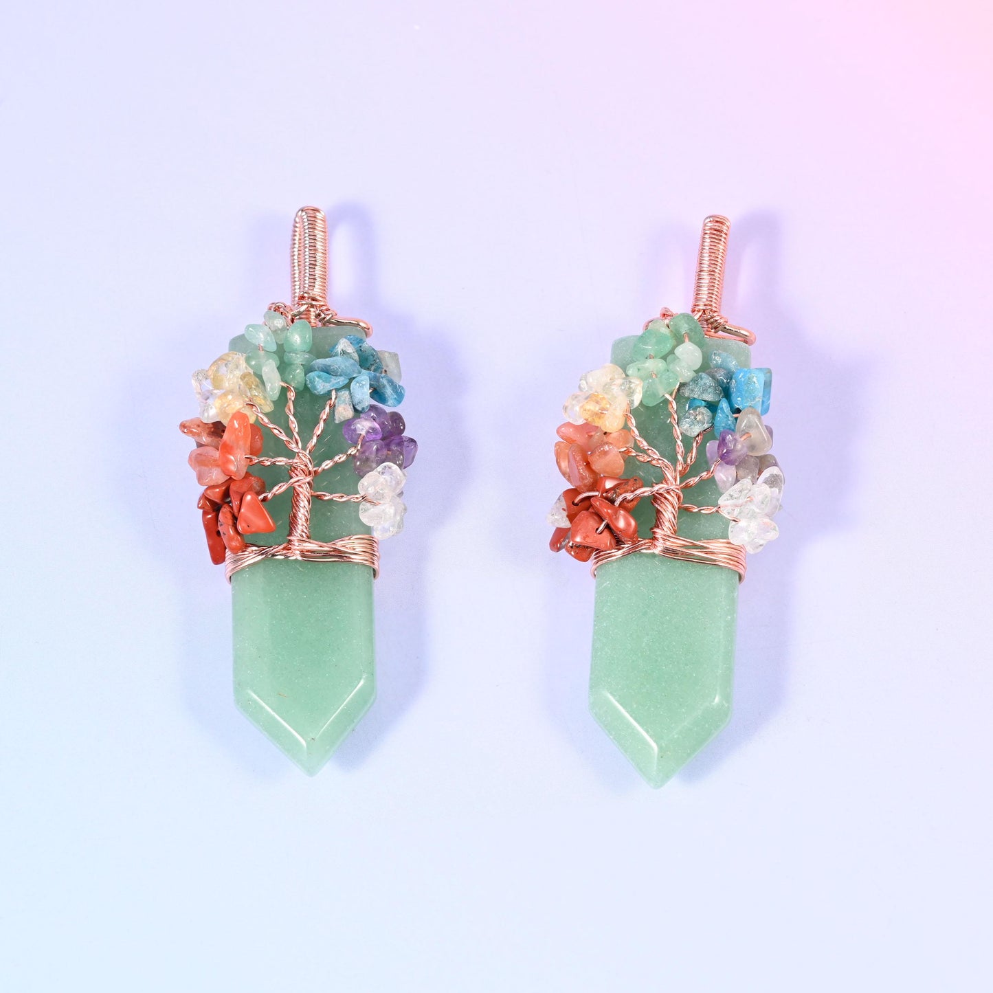 Copper Wired Chakra Tree Stone Pendants