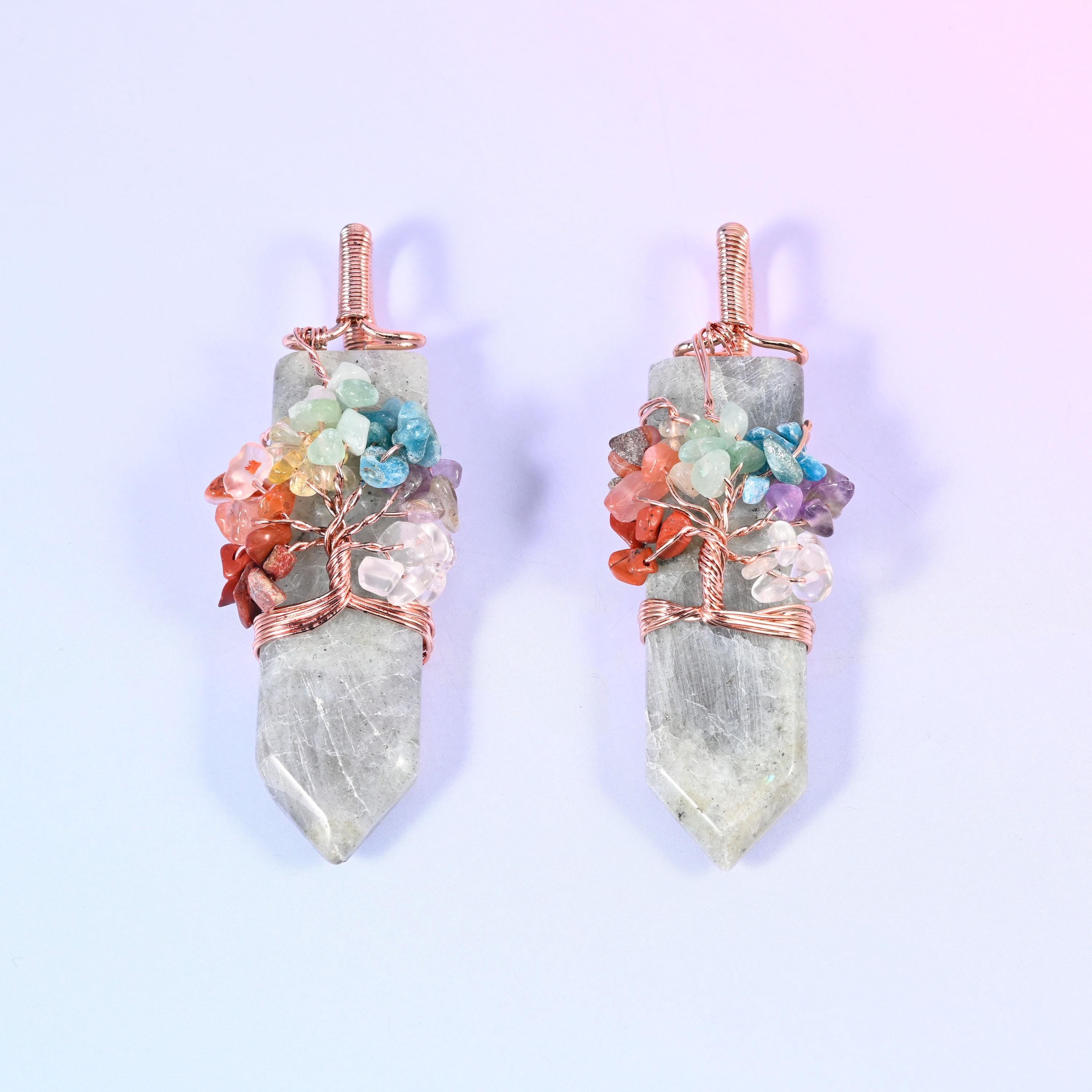 Copper Wired Chakra Tree Stone Pendants